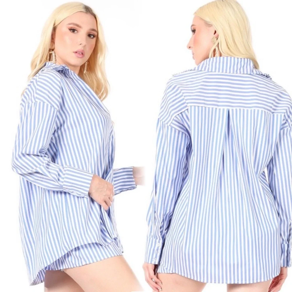 Striped button down long sleeve top with matching shorts set - Picture 3 of 9